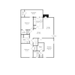 A floor plan of a house with a living room, two bedrooms, a bathroom, a kitchen, a porch, and storage.