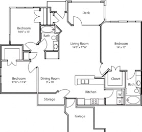 A black and white image of a house floor plan with a deck, four bedrooms, a living room, a dining room, a kitchen, a closet, a bath, and a storage area.