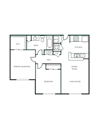A floor plan of a house with a living room, dining room, kitchen, two bedrooms, a bathroom, and a hall.