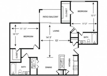 2 Bedroom 2 Bath Floor Plan 1000 Sqft