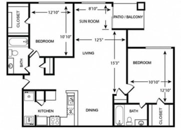 2 Bedroom 2 Bath Floor Plan 1100 sqft