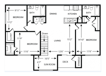 2 Bedroom 2 Bath Floor Plan 1250 sqft