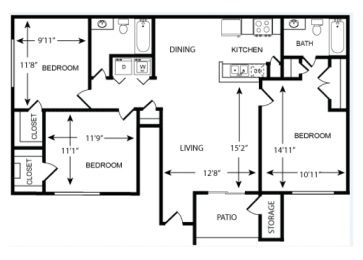 3 Bedroom  @ Bath Floor Plan 1200 sqft
