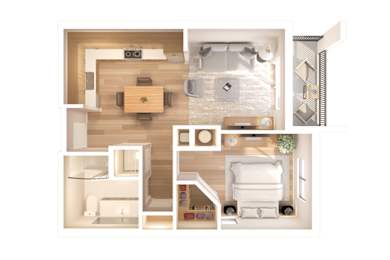 a stylized floor plan of a house with a bedroom and a living room