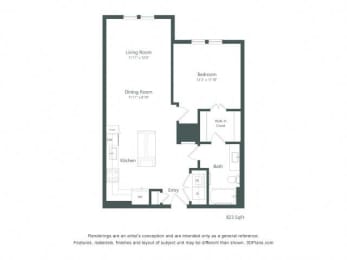 a floor plan of a unit with a bedroom and a living room