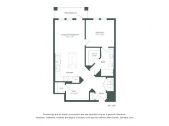 a floor plan of a unit with a bedroom and a living room