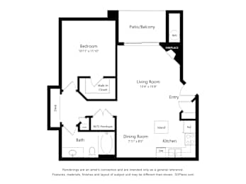 A floor plan of a home with a bedroom, living room, dining room, kitchen, bath, and closet.