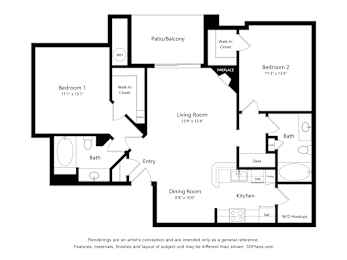 A black and white floor plan of a house with a living room, dining room, kitchen, two bedrooms, a bath, a fireplace, and a patio.