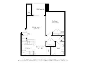 A floor plan of a house with a living room, dining room, kitchen, bedroom, bathroom, and entry.