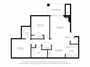 A floor plan of a home with three bedrooms, a living room, a dining room, a kitchen, a bathroom, a patio/balcony, and an entry.