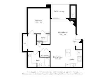 A floor plan of a home with a bedroom, living room, dining room, kitchen, and bath.