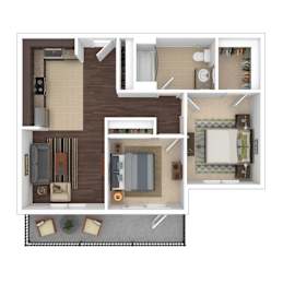 A 3D floor plan of an apartment showing a living room, kitchen, 2 bedrooms, and bathroom.