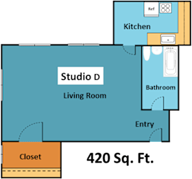 A floor plan of a studio apartment with a living room, kitchen, bathroom, and closet.