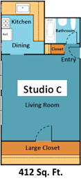 A floor plan of a 412 square foot studio apartment with a living room, kitchen, dining area, bathroom, and closet.
