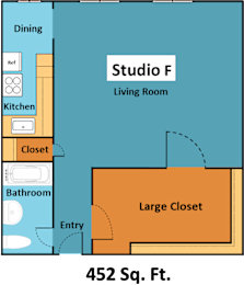 A floor plan of a studio apartment with a living room, kitchen, bathroom, and closet.