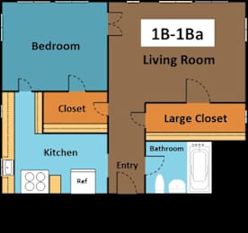 A diagram of a living room with a large closet and a kitchen area.