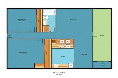 A floor plan of a house with two bedrooms, one bathroom, a kitchen, and a storage area.