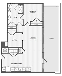 A floor plan of a house with a den, living room, kitchen/dining area, bathroom, and bedrooms.