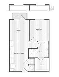 A black and white image of a house floor plan with a living room, kitchen/dining area, bedroom, bathroom, and balcony.