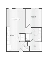 A black and white image of a floor plan for a home with a living/dining area, kitchen, bathroom, and bedroom.
