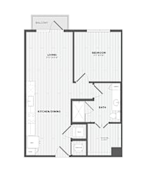 A floor plan of an apartment with a living room, kitchen/dining area, and two bedrooms.