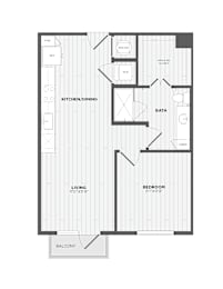 A floor plan of a house with a living room, kitchen, dining room, and two bedrooms.