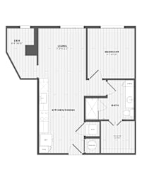 A black and white floor plan of a house with a den, living room, kitchen/dining area, bathroom, and bedroom.