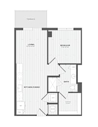 A floor plan of a house with a living room, bedroom, bathroom, and kitchen/dining area.