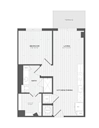 A floor plan of a house with a living room, two bedrooms, a bathroom, a kitchen/dining area, and a laundry room.