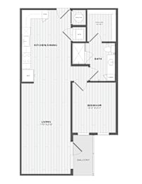 A black and white floor plan of a house with a living room, kitchen, dining room, bathroom, bedroom, and balcony.