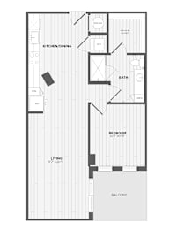 A floor plan of a house with a kitchen, dining room, bathroom, bedroom, and balcony.