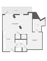 A floor plan of a house with a living room, kitchen, bathroom, and bedroom.