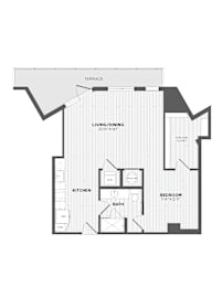 A black and white image of a house floor plan with a terrace.