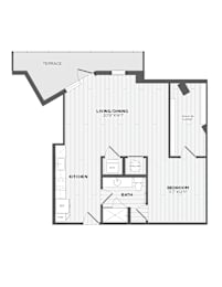 A floor plan of a house with a living room, dining room, kitchen, and two bathrooms.