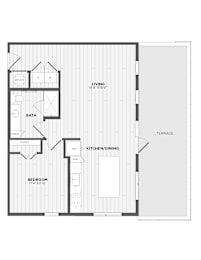 A floor plan of a small apartment with a living room, kitchen/dining area, bathroom, and bedroom.