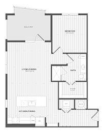 A black and white floor plan of an apartment with a balcony, living/dining area, kitchen/dining area, and bathroom.