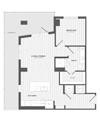 A floor plan of a house with a living room, dining room, kitchen, and bathroom.