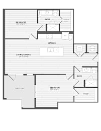A floor plan of an apartment with a living room, kitchen, two bedrooms, a bathroom, and a balcony.