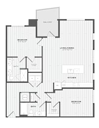 A floor plan of a house with a balcony, two bedrooms, a living/dining area, a kitchen, and two bathrooms.