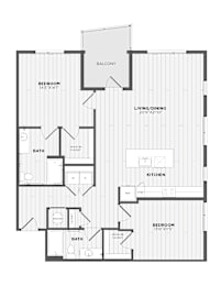 A black and white image of a house floor plan with a balcony, two bedrooms, a living/dining area, a kitchen, and two bathrooms.