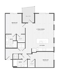 A black and white image of a floor plan for a two-bedroom apartment.