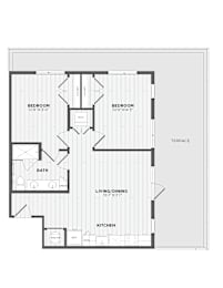 A black and white image of a floor plan for a house with two bedrooms, a bath, a living/dining area, and a kitchen.