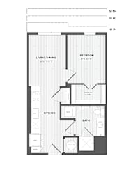 A floor plan of a home with a living/dining area, kitchen, bathroom, and bedroom.