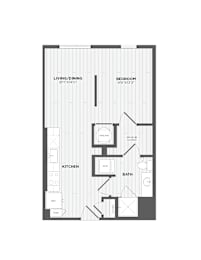 A floor plan of a house with a living room, dining room, kitchen, bathroom, and bedroom.