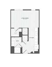 A black and white image of a floor plan for a living/dining room, kitchen, and bathroom.