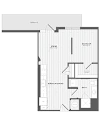 A floor plan of a house with a living room, kitchen/dining area, and bathroom.