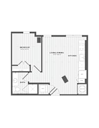 A black and white image of a floor plan for a small apartment.