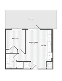 A floor plan of a house with a bedroom, living/dining area, kitchen, bathroom, and closet.