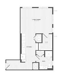 A floor plan of a house with a living/dining area, kitchen, bathroom, and two bedrooms.
