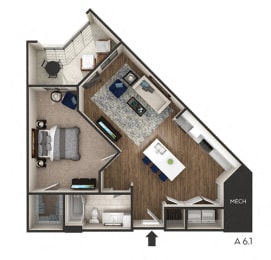 1 bed 1 bath 844 Sq. Ft. floor plan F at The Griffin Royal Oak, Royal Oak, MI